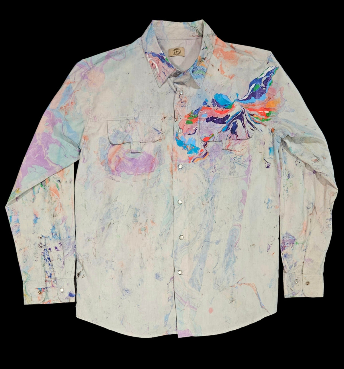 A light gray, button-up shirt with a marbled pattern featuring vibrant colors on the sleeves and a bird design over the heart.