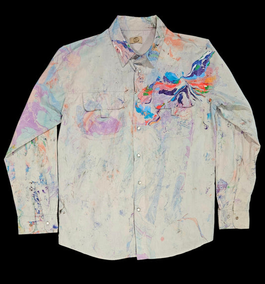 A light gray, button-up shirt with a marbled pattern featuring vibrant colors on the sleeves and a bird design over the heart.
